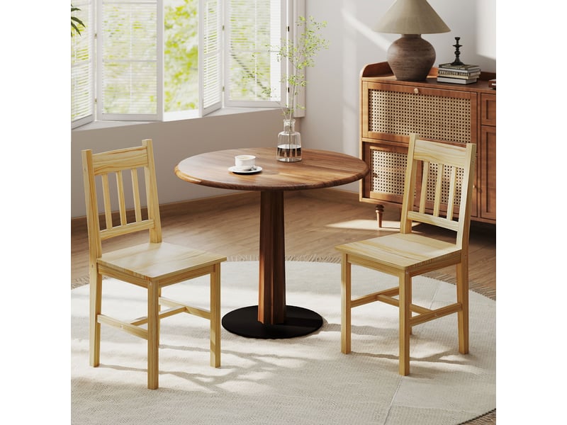  Ensemble de 2 chaises de salle à manger en bois naturel, chaises de cuisine avec dossier à lattes, assise large, bois naturel  - Conforama C