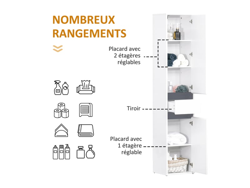  Meuble colonne rangement salle de bain style contemporain 2 placards 3 étagères et tiroir coulissant panneaux particules blanc  - Conforama E