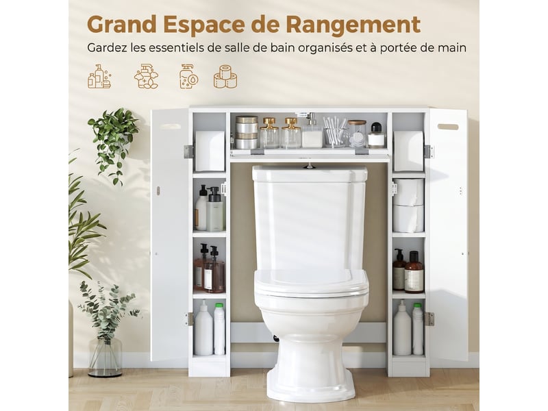  Meuble wc dessus de toilette avec 2 placards, tiroir basculant, blanc, porte-papier et étagères réglables  - Conforama D
