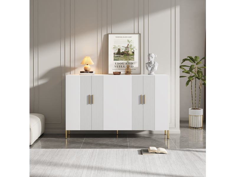 Buffet 160x35x100 cm 4 portes panneau de particules blanc mat et doré - Conforama B