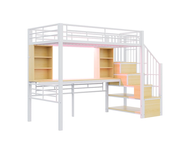 Lit mezzanine enfant 90x200 cm – blanc – bureau intégré, escalier réversible, rangements et led - sans matelas - Conforama D