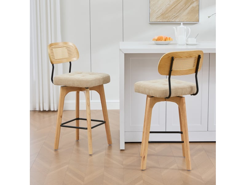 Lot de 2 tabourets de bar pivotants 360° 51x44x96 cm – kaki – dossier en rotin et assise en chenille confortable - Conforama B