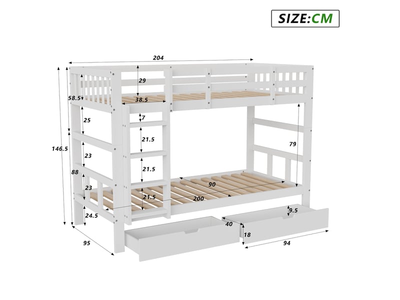  Lit superposé 90 x 200 cm séparable en 2 lits simples - 2 tiroirs de rangement sur roulettes - échelle latérale fixe - 2 sommiers à lattes inclus - modèle modulable 2 en 1 - cadre de lit enfant pour chambre d'enfant ou d'ado mod…  - Conforama E