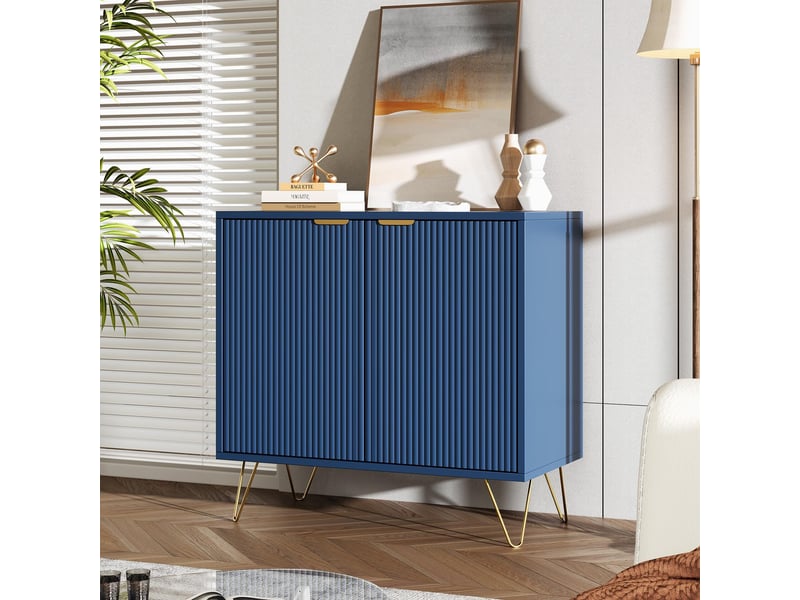  Buffet 80x40x78cm - meuble de rangement cannelé avec 2 portes, étagère réglable &amp; pieds métal dorés - bleu marine  - Conforama C