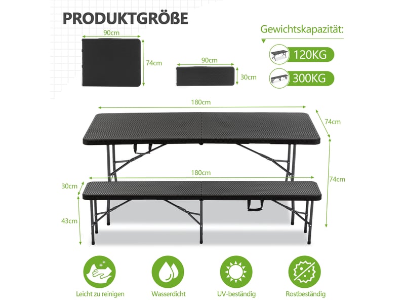  Ensemble table de jardin - table de pique-nique pliante 180x74 cm – noire – 2 bancs, verrouillage de sécurité et poignée intégrée  - Conforama C