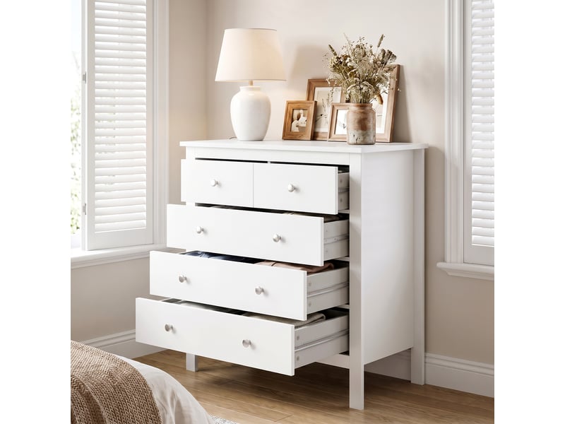  Commode à 5 tiroirs, meuble de rangement, avec poignées, glissières métalliques,  en bois, 79l x 39,5p x 80,5h cm, blanc  - Conforama W