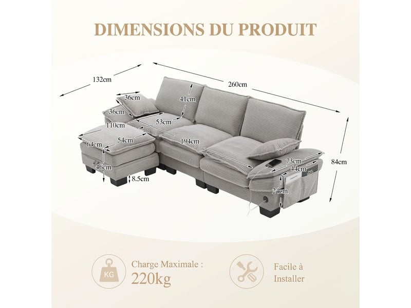  Canapé 3 places modulaire velours côtelé gris clair 260 x 132 x 84 cm avec pouf rangement  - Conforama C