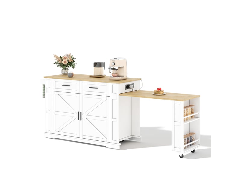  Desserte de cuisine extensible 130x50x93 cm – blanc et chêne – prises usb, 2 tiroirs et roulettes  - Conforama A