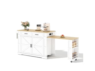 Desserte de cuisine extensible 130x50x93 cm – blanc et chêne – prises usb, 2 tiroirs et roulettes
