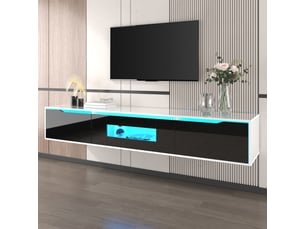Vitrine & meuble tv 180×30×35 cm – noir + blanc laqué, led 16 couleurs
