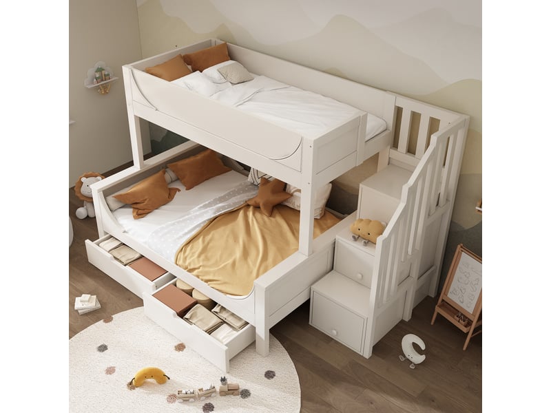  Lit superposé enfant blanc 90x200 140x200 avec escalier de rangement et tiroirs - forme traîneau  - Conforama R