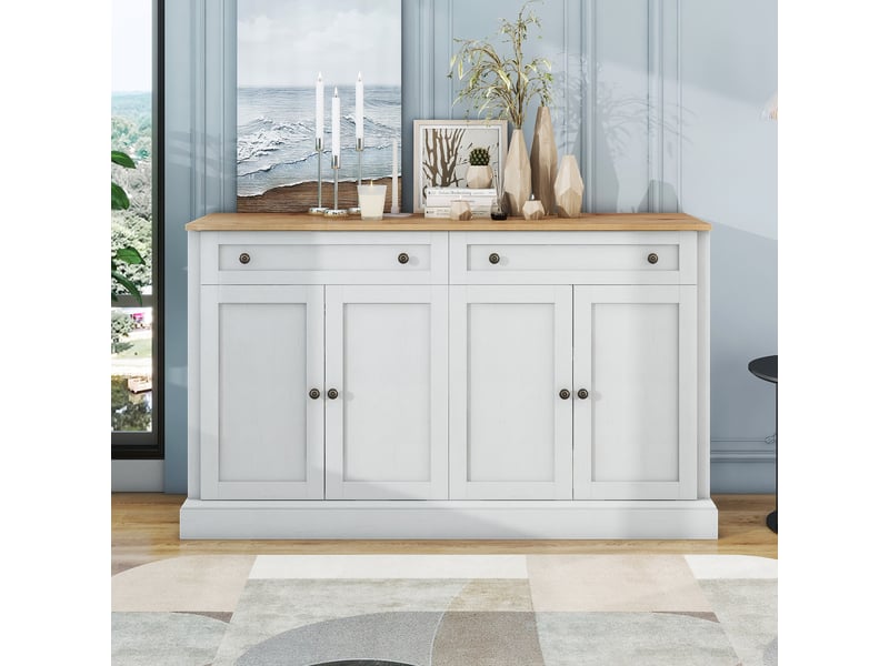  Grand buffet 4 portes et 2 tiroirs, meuble de rangement 150 cm, buffet blanc et bois naturel pour salon et salle à manger  - Conforama B