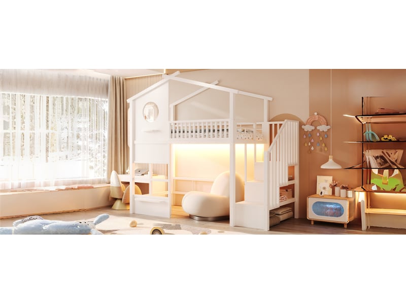  Lit superposé en métal 90x200 cm blanc avec éclairage led escalier de rangement et garde-corps haut pour enfant et adolescent Sol Morn - Conforama E
