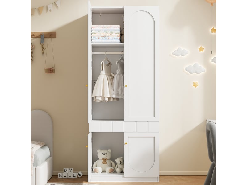 Armoire penderie 80x50x200 cm, 2 portes avec tringle, tiroirs à ouverture par pression, étagères fixes, poignées métalliques, mdf blanc peint - Conforama D