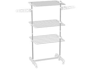 Séchoir à linge mobile 3 niveaux 142 x 55 x 152 cm blanc en acier, pliable avec roulettes et freins