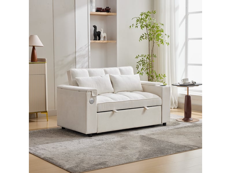 Canapé-lit 3 en 1 140x74 cm | dossier réglable | table porte-gobelets | ports usb cachés | beige – chambre - Conforama B