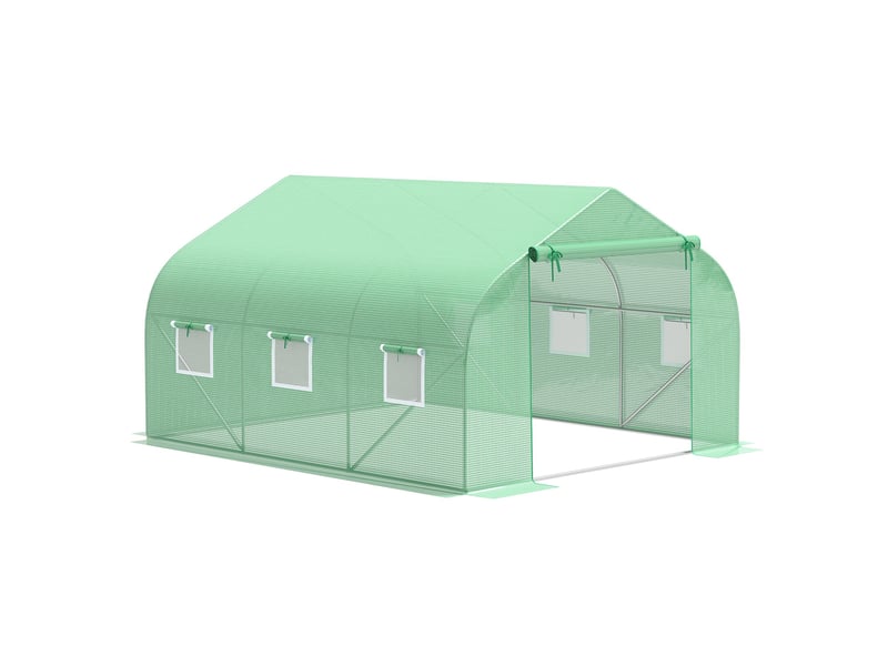  Serre tunnel de jardin 10,5 m² dim. 3,5l x 3l x 2h m porte + 6 fenêtres enroulables acier galvanisé bâche pe haute densité vert  - Conforama A