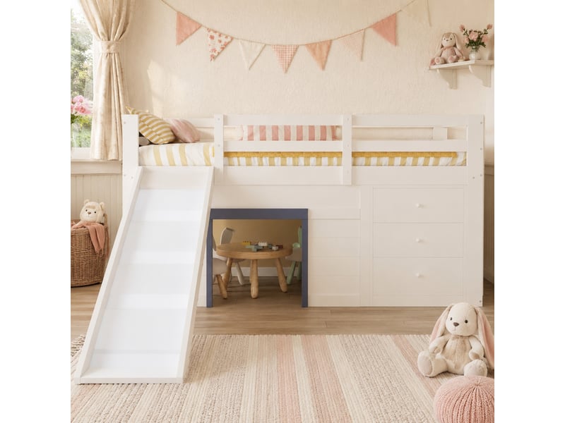  Lit mezzanine bas enfant 200×90 cm avec toboggan, 3 tiroirs et 2 portes, en pin et mdf crème  - Conforama B