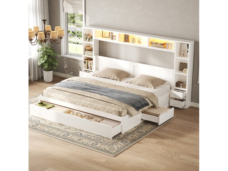 Cadre de lit plateforme 180x200 cm avec rangement, 7 tiroirs, éclairage led, mdf, coloris blanc, vendu sans matelas  - Conforama E
