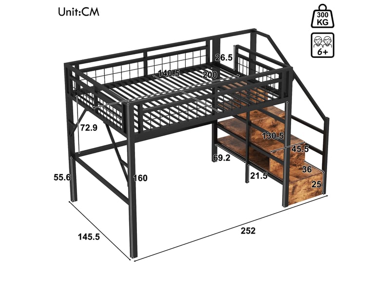  Lit mezzanine enfant 140x200 cm, avec marches de rangement, cadre en métal et mdf, led contrôlable, noir, sans matelas  - Conforama C
