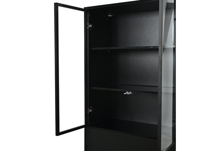  Vitrine led noire 70 × 34 × 180 cm, 4 portes en verre trempé, 2 tiroirs et éclairage bluetooth réglable  - Conforama C
