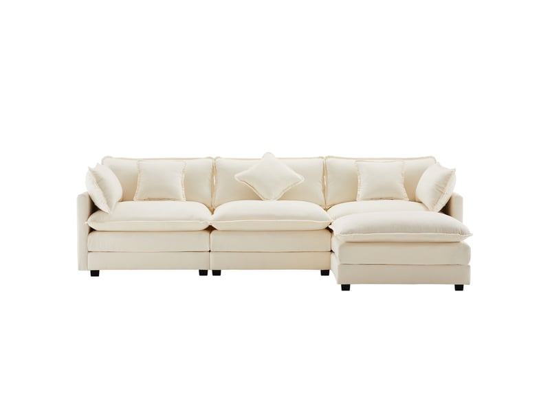  Canapé d'angle 3 places en chenille beige, grande assise avec pouf mobile, canapé familial pour salon et chambre  - Conforama A