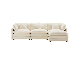 Canapé d'angle 3 places en chenille beige, grande assise avec pouf mobile, canapé familial pour salon et chambre