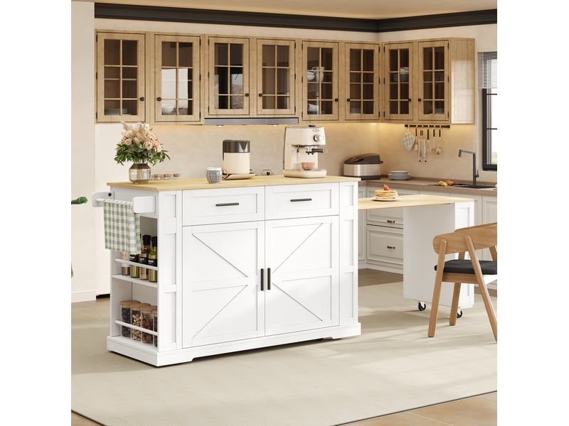  Desserte de cuisine 130x50x93 cm extensible avec prises, blanc et chêne clair  - Conforama B