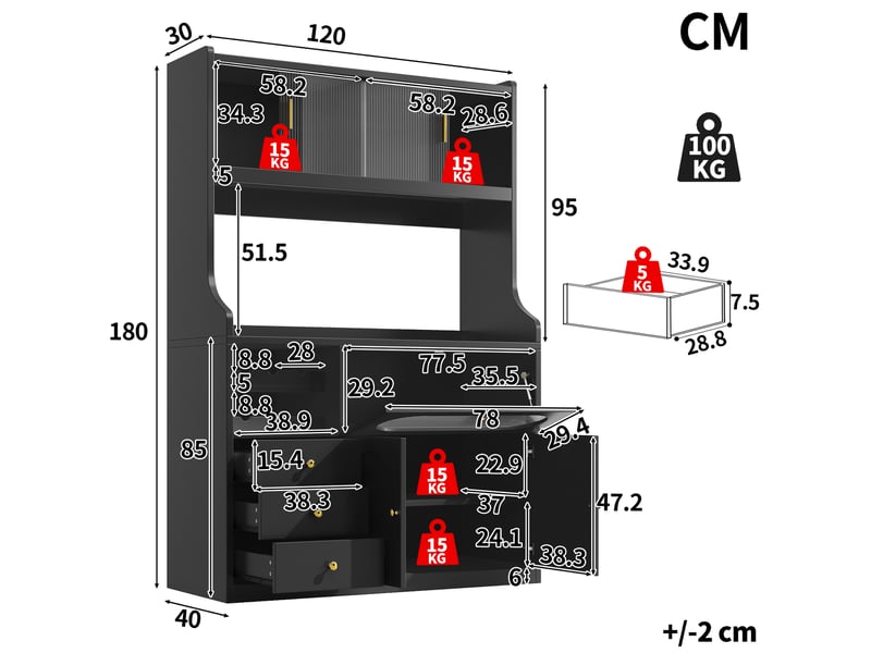  Buffet haut de cuisine 120 cm avec led rgb, portes vitrées coulissantes, casier à bouteilles, 3 tiroirs, noir  - Conforama C