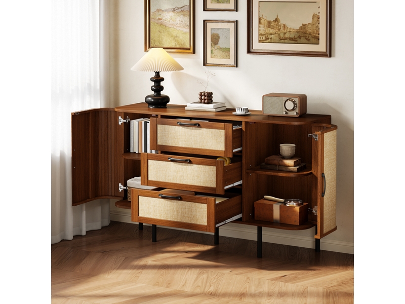  Buffet bas en mdf noyer 120 x 40 x 82 cm, 2 portes, 3 tiroirs et pieds noirs  - Conforama E