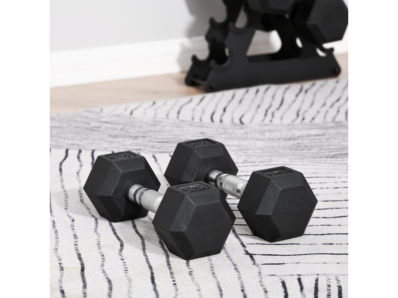  Lot de 2 haltères hexagonales de 5 kg en caoutchouc avec poignée antidérapante, noires  - Conforama D