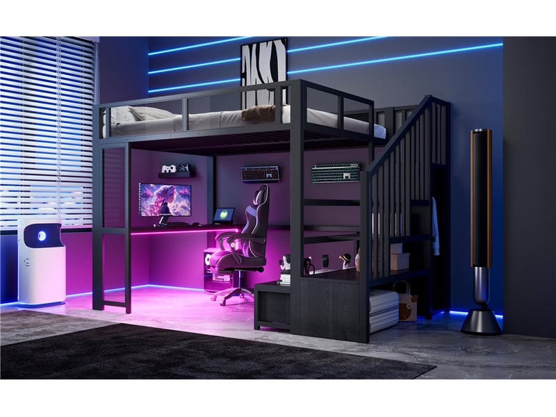  Lit mezzanine 140 × 200 cm, métal et mdf, bureau, penderie ouverte, escalier, 3 tiroirs, usb, led, noir, 251 cm  - Conforama B