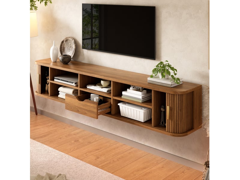  Meuble tv mural 175 cm avec portes coulissantes et led, finition noyer  - Conforama C