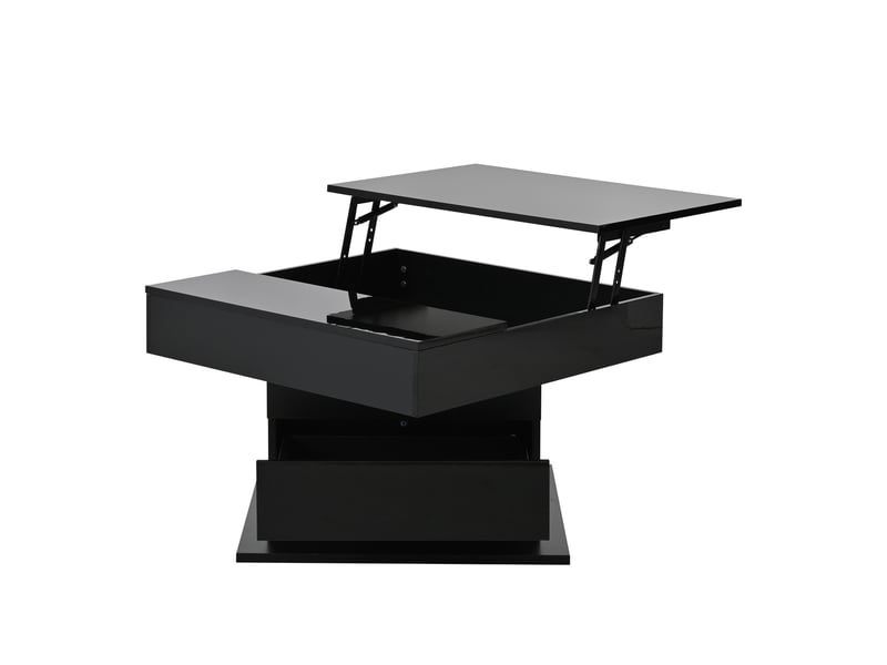 Table basse géométrique relevable pivotante à 360°, noire, 70 x 70 x 45 cm, 1 tiroir, rangement caché, finition brillante - Conforama E