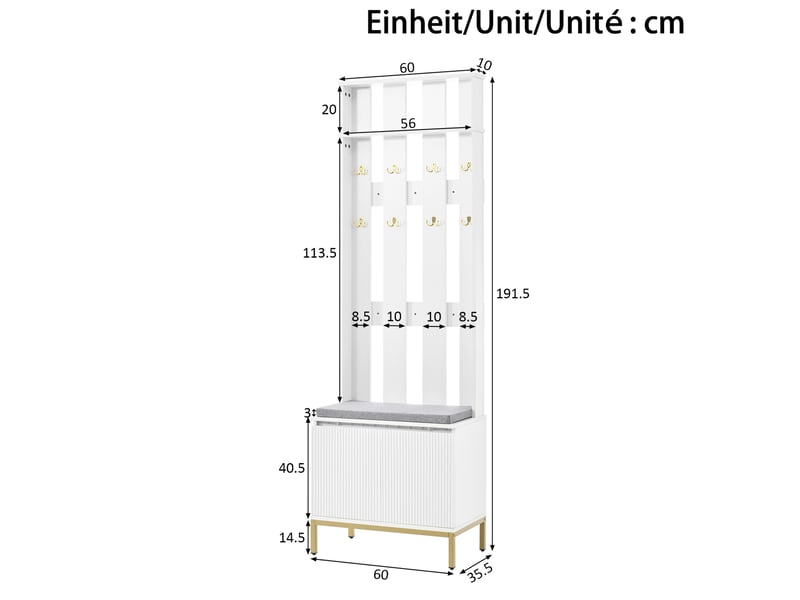  Meuble d'entrée 80x35x103 cm – blanc – banc, rangement chaussures et éclairage led piloté par app bluetooth  - Conforama C