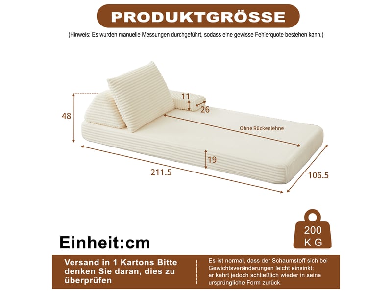  Canapé modulable convertible 211 cm en velours côtelé, dossier triangulaire, accoudoirs amovibles, assise longue multifonction - beige  - Conforama C