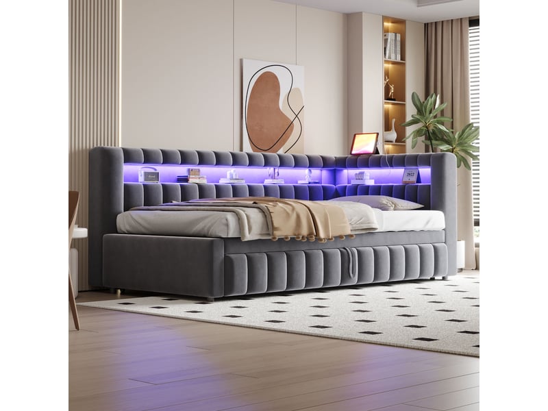  Lit gigogne banquette 90x200 cm en velours avec led, ports usb et type-c, tête de lit et dossier avec rangements, gris foncé  - Conforama D
