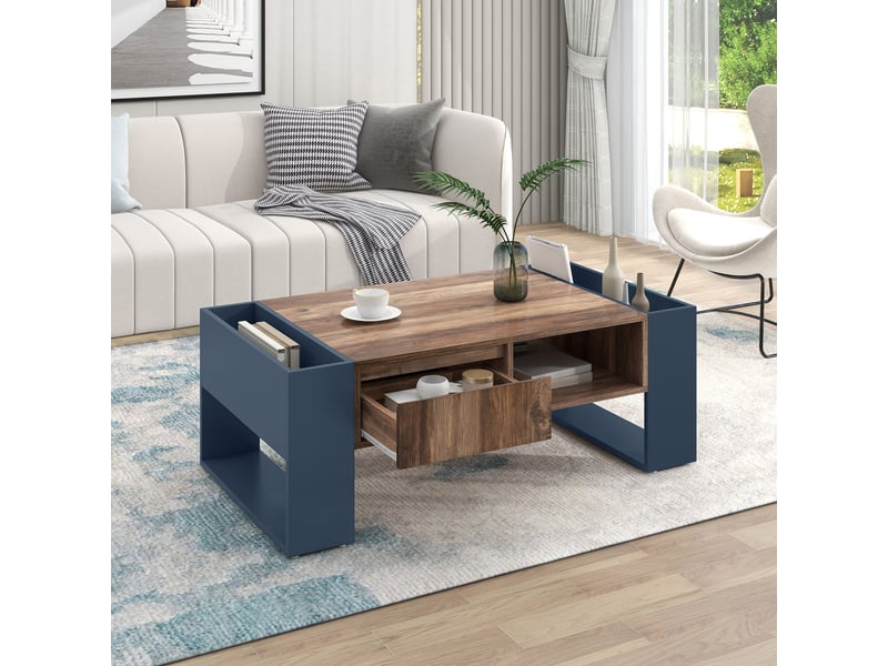 Table basse 111x60x40 cm avec tiroir sans poignée et rangements double face, panneaux de particules mélaminés, bois et anthracite ABC - Conforama B