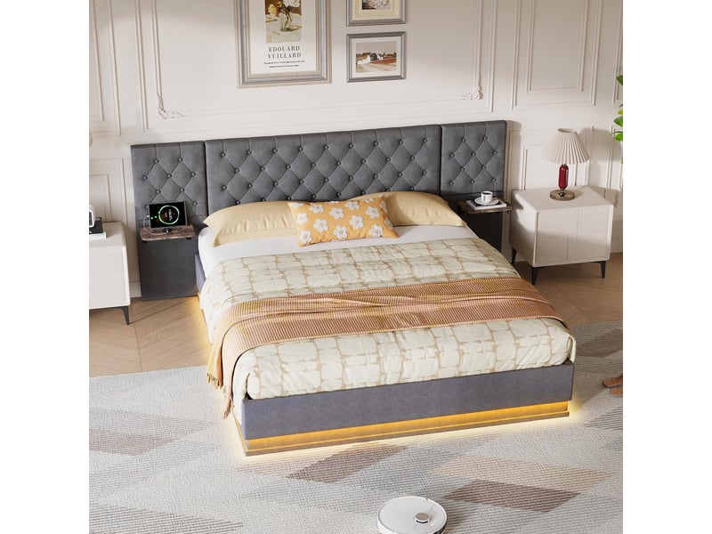  Lit 140x200cm - lit coffre 140x200 - lit double led avec tête de lit large et tables de chevet intégrées - en lin gris  - Conforama D