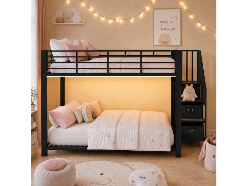  Lit superposé tcqpz 140 x 200 cm avec escalier de rangement réversible led prises usb métal mdf noir  - Conforama E