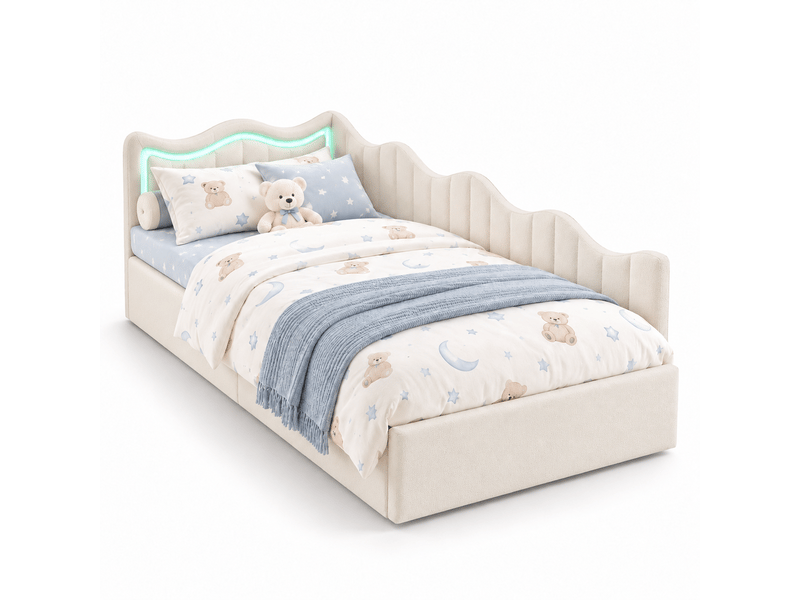Lit enfant 90x200 cm avec rangement, lit coffre avec sommier, led, canapé lit, lit simple, cadre de lit hydraulique, velours, beige - Conforama A