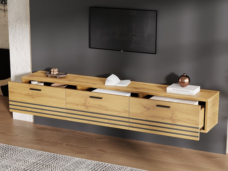  Meuble tv mural suspendu, 160 x 30 x 25,5 cm, avec 3 tiroirs et poignées, mdf et panneaux de particules, finition aspect bois  - Conforama B