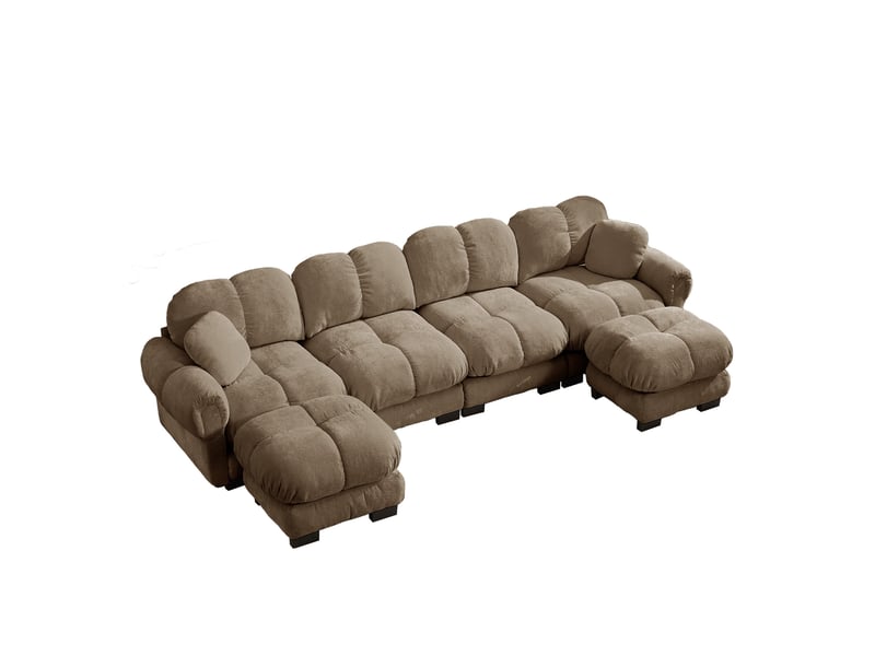  Canapé d’angle panoramique en u 4 places 330x149x90 cm, coussins garnis, modulaire 2 poufs déplaçables, revêtement en chenille, marron  - Conforama A