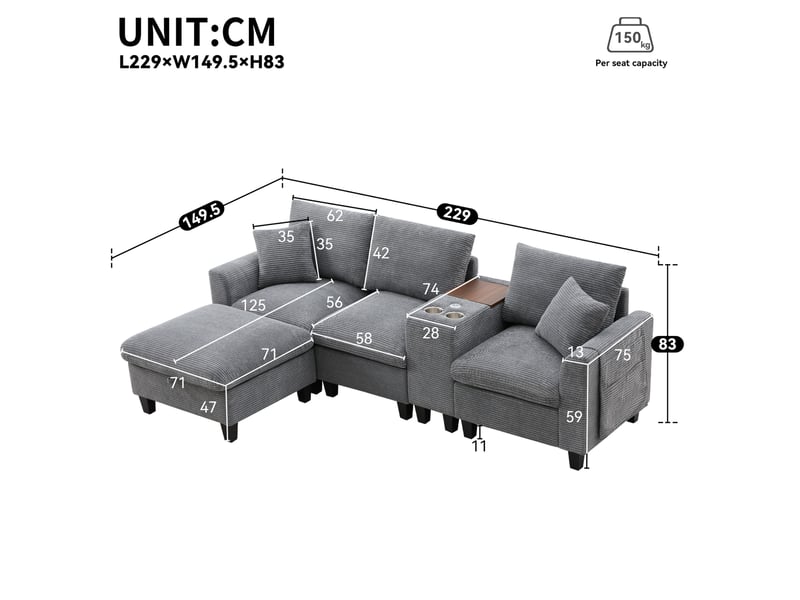  Canapé d'angle convertible 229x149.5x83 cm, 2 porte-gobelets, ports de charge usb et console, revêtement tissu velours côtelé gris  - Conforama C