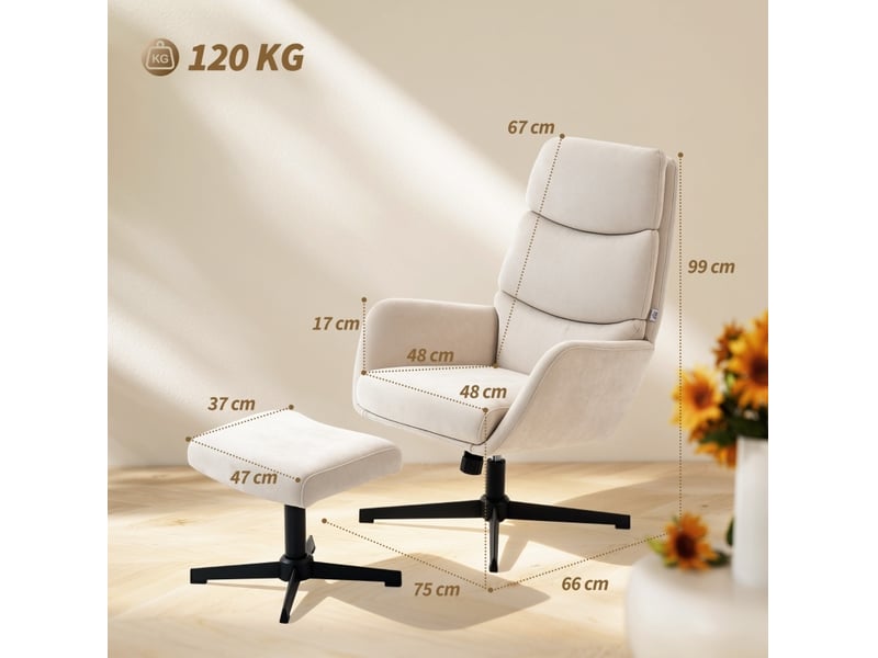 Fauteuil relax à bascule avec repose-pieds et dossier haut, base en métal, en tissu aspect lin beige  - Conforama C