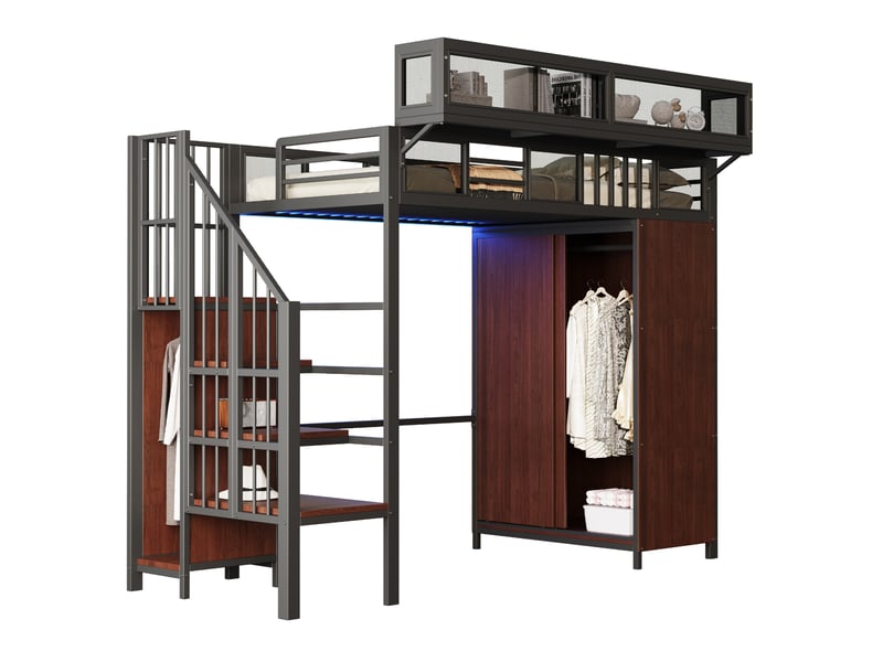  Lit surélevé 90 x 200 cm avec armoire, échelle de rangement et led, noir  - Conforama A
