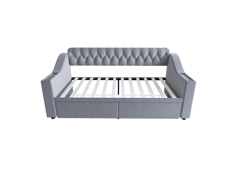  Lit canapé velours gris clair 90x190 cm avec accoudoirs usb, rangements et tiroirs  - Conforama A