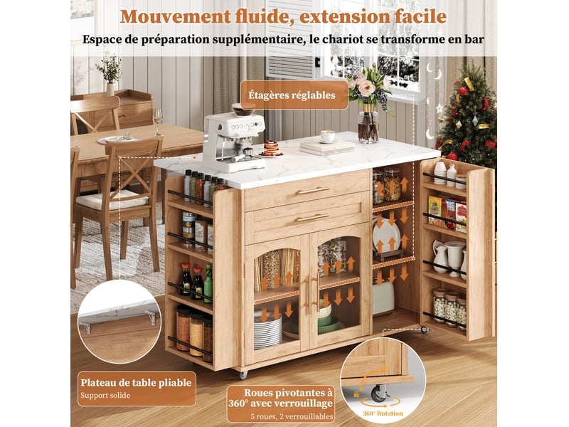  Desserte de cuisine 120x4570 cm – naturel – plateau rabattable, 5 roulettes verrouillables et rangements  - Conforama E
