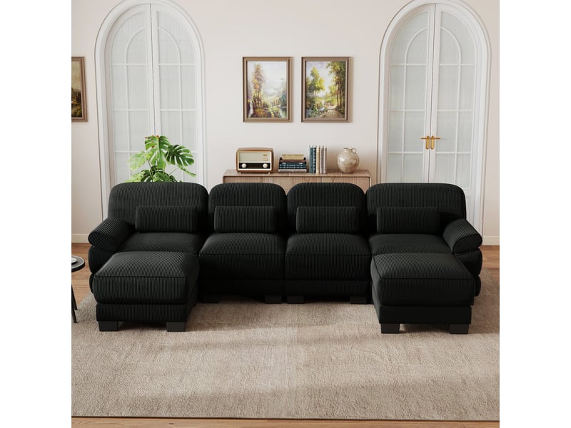  Canapé d’angle 4 places en u, avec 2 poufs, structure avec armature, assise spacieuse et profonde, velours côtelé doux, 336 × 161 × 94 cm, noir  - Conforama B