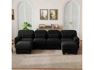 Canapé d’angle 4 places en u, avec 2 poufs, structure avec armature, assise spacieuse et profonde, velours côtelé doux, 336 × 161 × 94 cm, noir